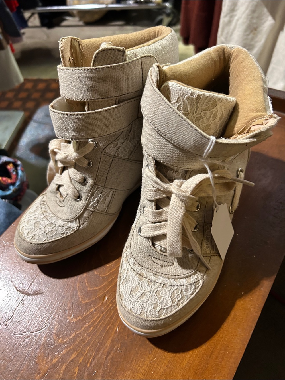 High-Top Lace-Detail Sneakers in Beige